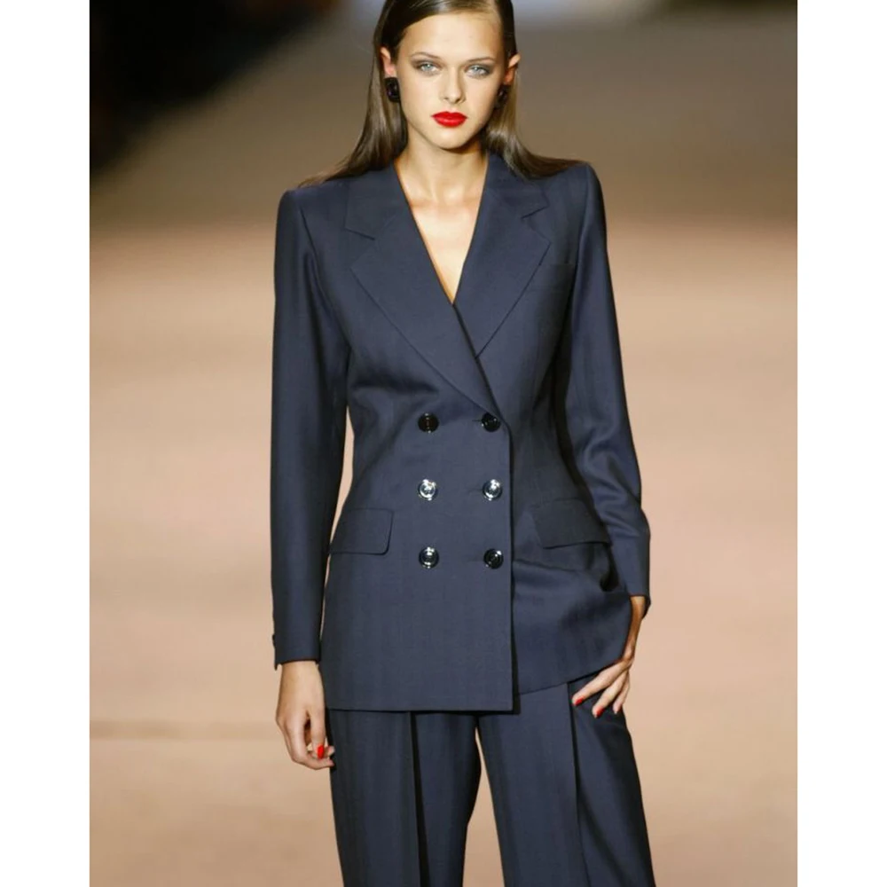 

Темно-синий женский двубортный пиджак с лацканами и брюками, тонкий деловой офисный костюм, элегантная рабочая одежда, комплект из 2 предметов на заказ