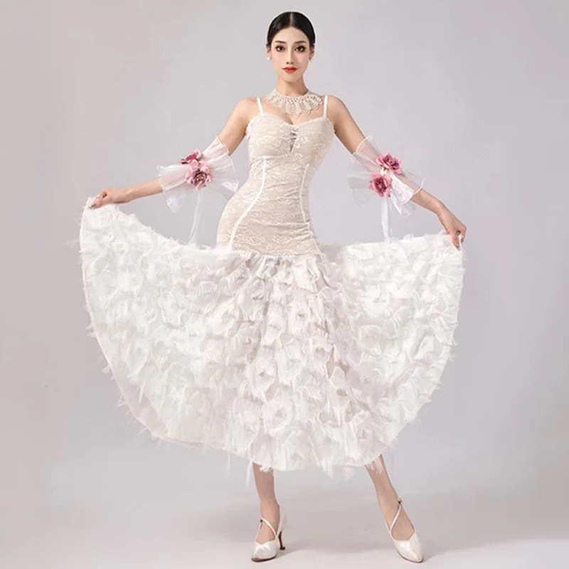 

2024 Fairy White Feather Ballroom Dance Dress Women Waltz Dance Performance Cosutme Prom Club Evening Party Mesh Dress DNV19433