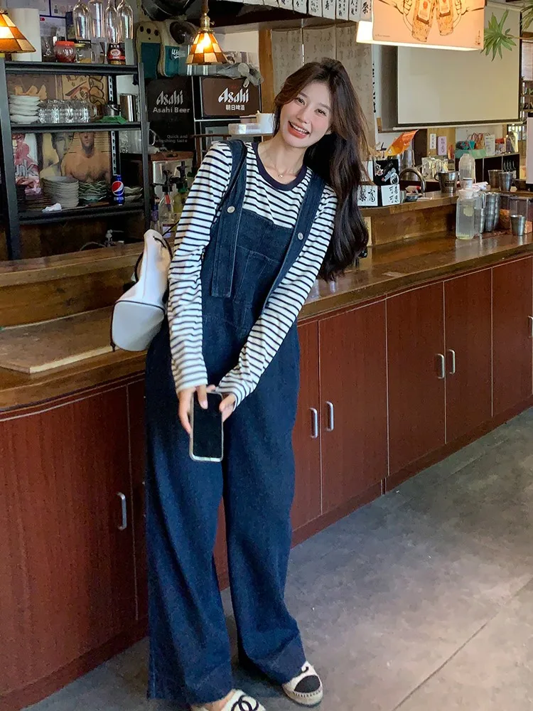 

Модные джинсовые комбинезоны, женские весенне-осенние свободные полосатые комплекты из двух предметов, широкие брюки с высокой талией, длинные брюки