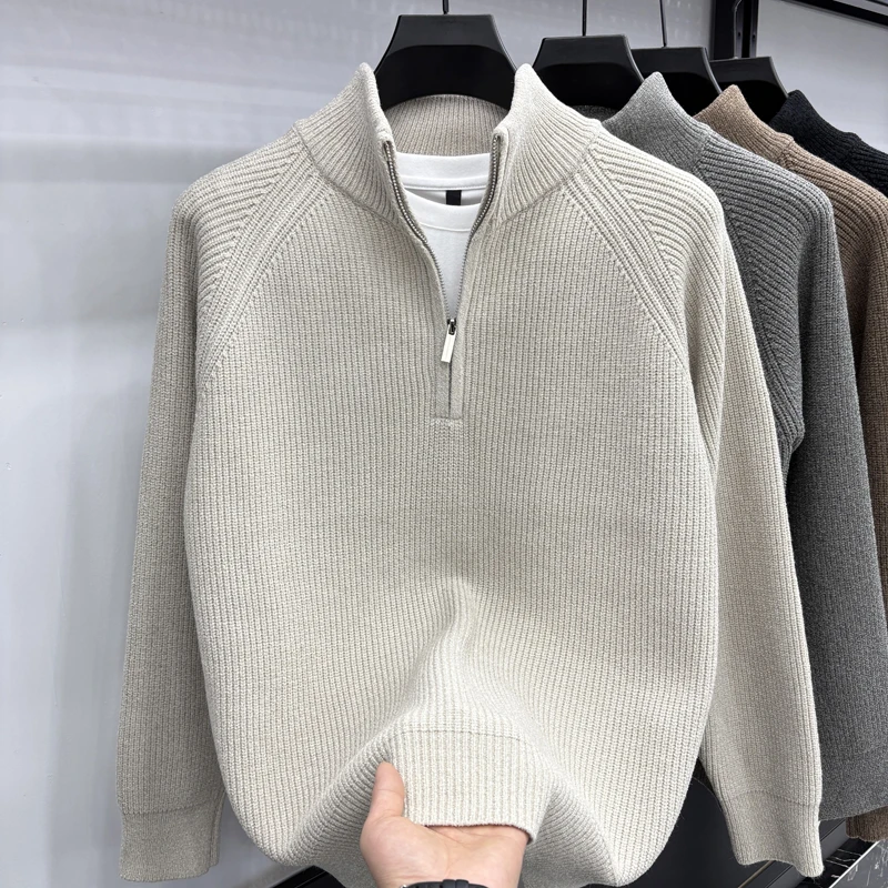 

Зимняя мужская трикотажная рубашка с воротником-стойкой и полумолнией, модная строчка, универсальная базовая рубашка, теплый свитер для мужчин