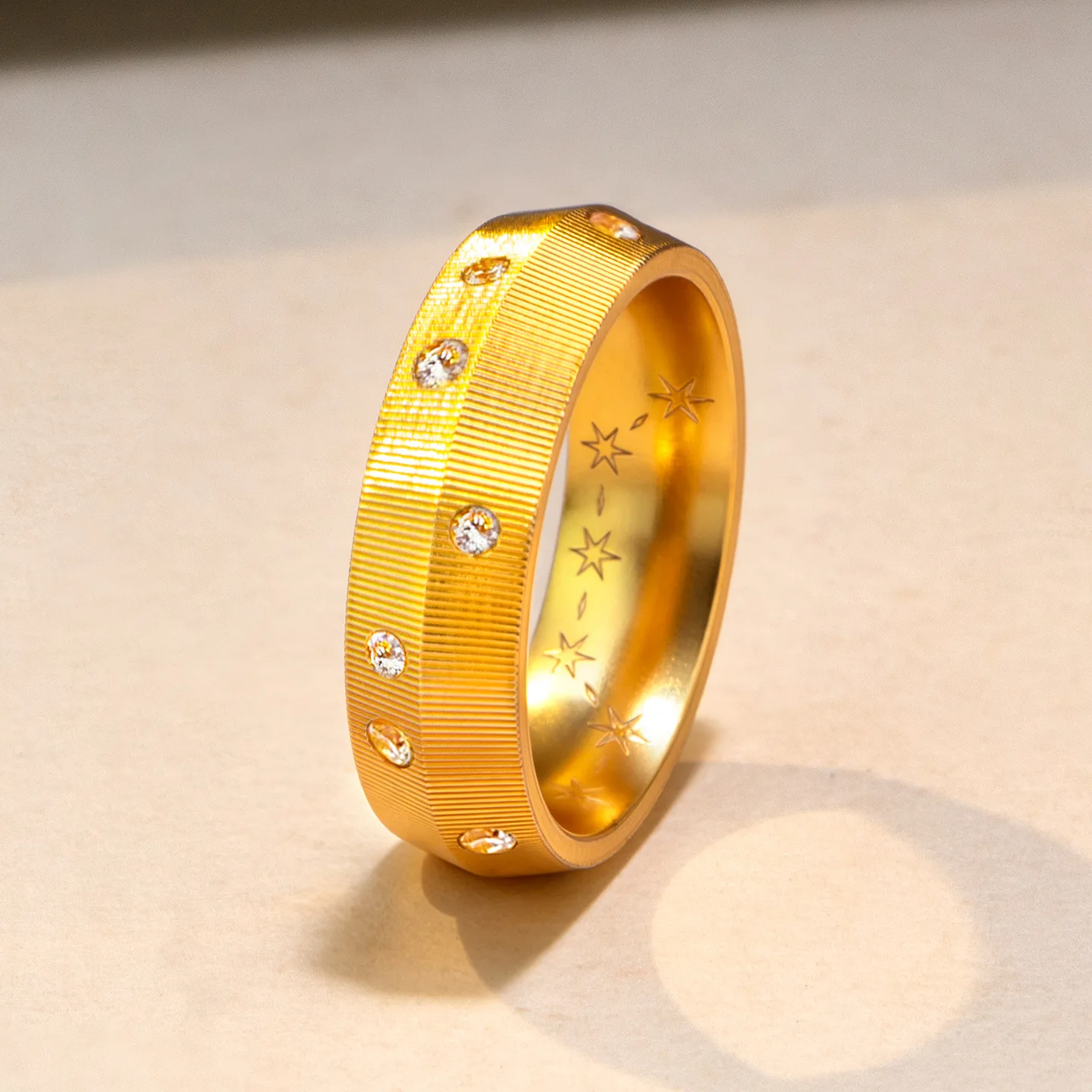 Luxury 24K 9999 Pure Gold real gold Men's and Women's Wire-drawing Point Drill Double Star Ring Ring