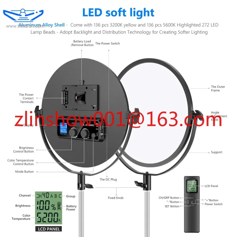 14-Inch Round LED Video Light Panel with 2.4G Wireless Remote, Ultra Thin 45W LED Soft Light for Live stream