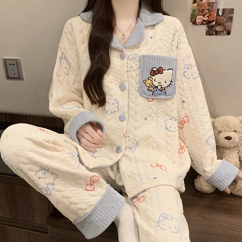 Fashion Ins Style Hello Kitty Air Cotton Cute Printed Quilted Pajamas Girl's Warm Soft Comfortable Home Wear Set Two-piece Set
