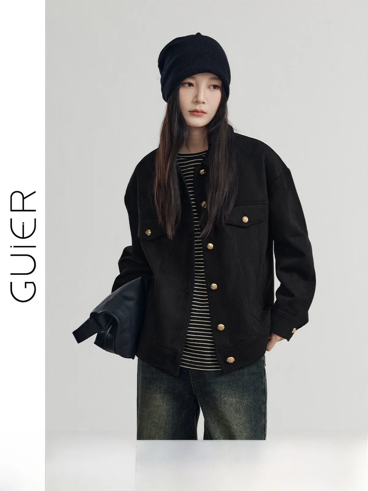 

Bla Suede Jaet Women's Spring Autumn Faion Slimming Top Vintage Sle Long Sve Button Closure Pure Color Ladies Coat