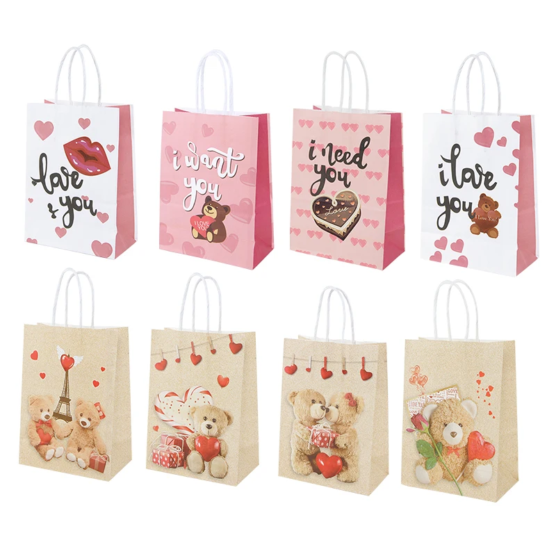 

5/10Pcs Valentines Day Gift Bags with Handle Candy Cookie Baking Packaging Paper Bag Wedding Birthday Party Favors for Guests