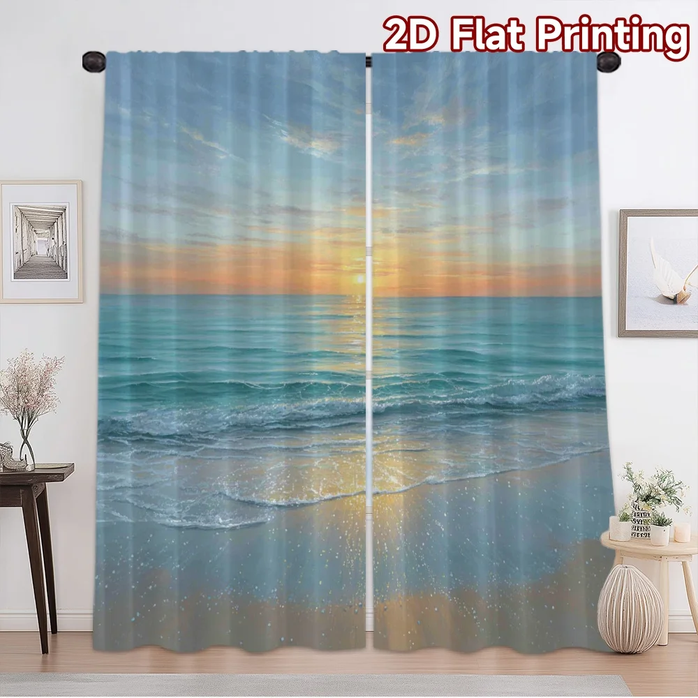 2D flat printing 2pcs Curtain Curtain Peaceful Ocean Sunrise Digital Printed Polyester Drapes Festive Wall Decor for Photo