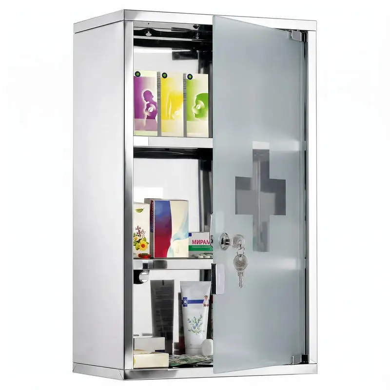 Armoire à pharmacie murale à 3 niveaux en acier inoxydable avec porte verrouillable en verre et 2 clés