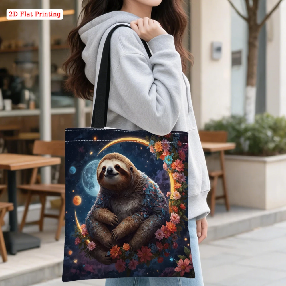 1Pc Fashion Shoulder Bag Blue Starry Sky Sloth And Floral Print Tote Bag For Shopping Travel Work Daily Use Large Capacity Stora