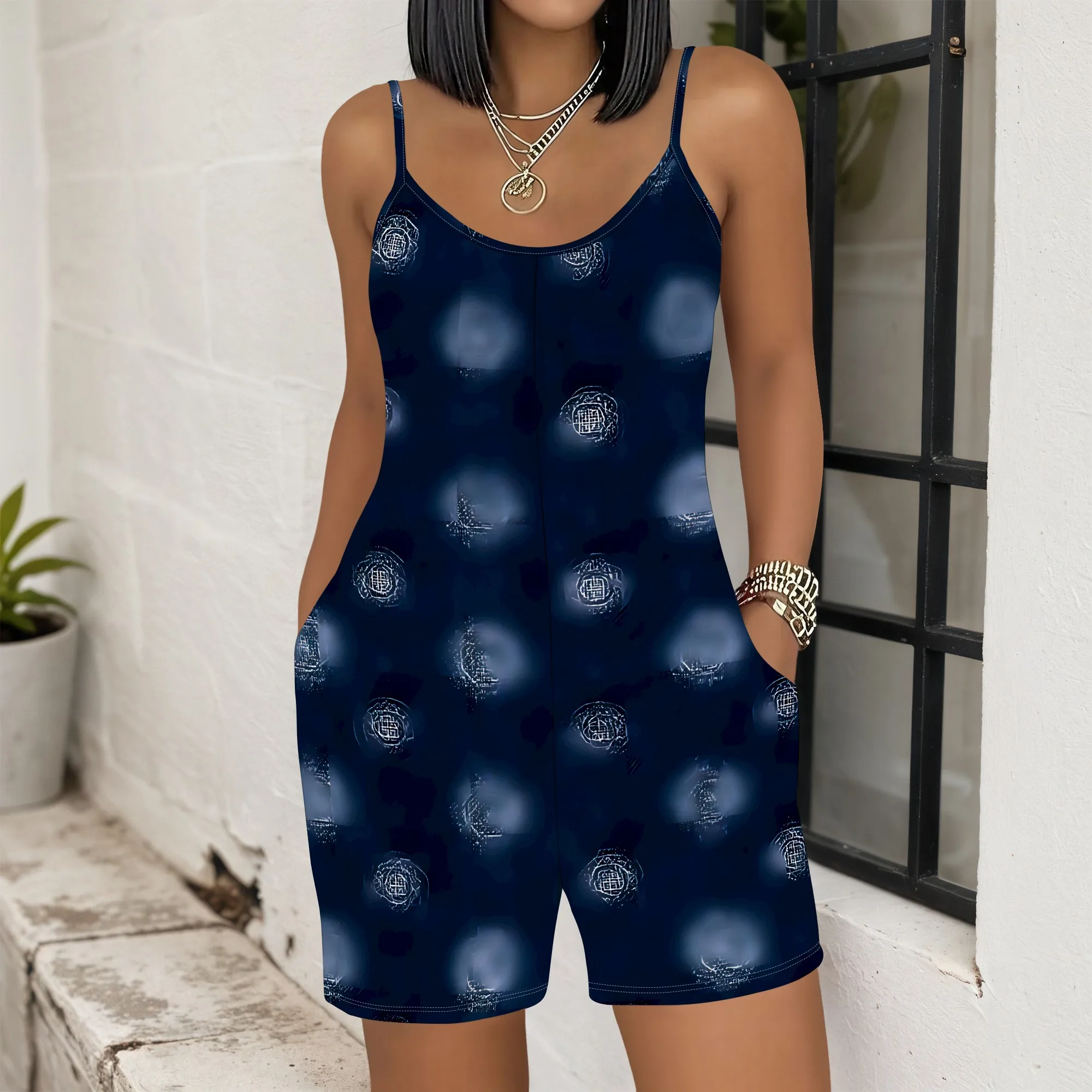 

Navy Blue Moon Print Romper Celestial Pattern Jumpsuit Spaghetti Strap Playsuit with Pockets Summer Casual Outfit for Women