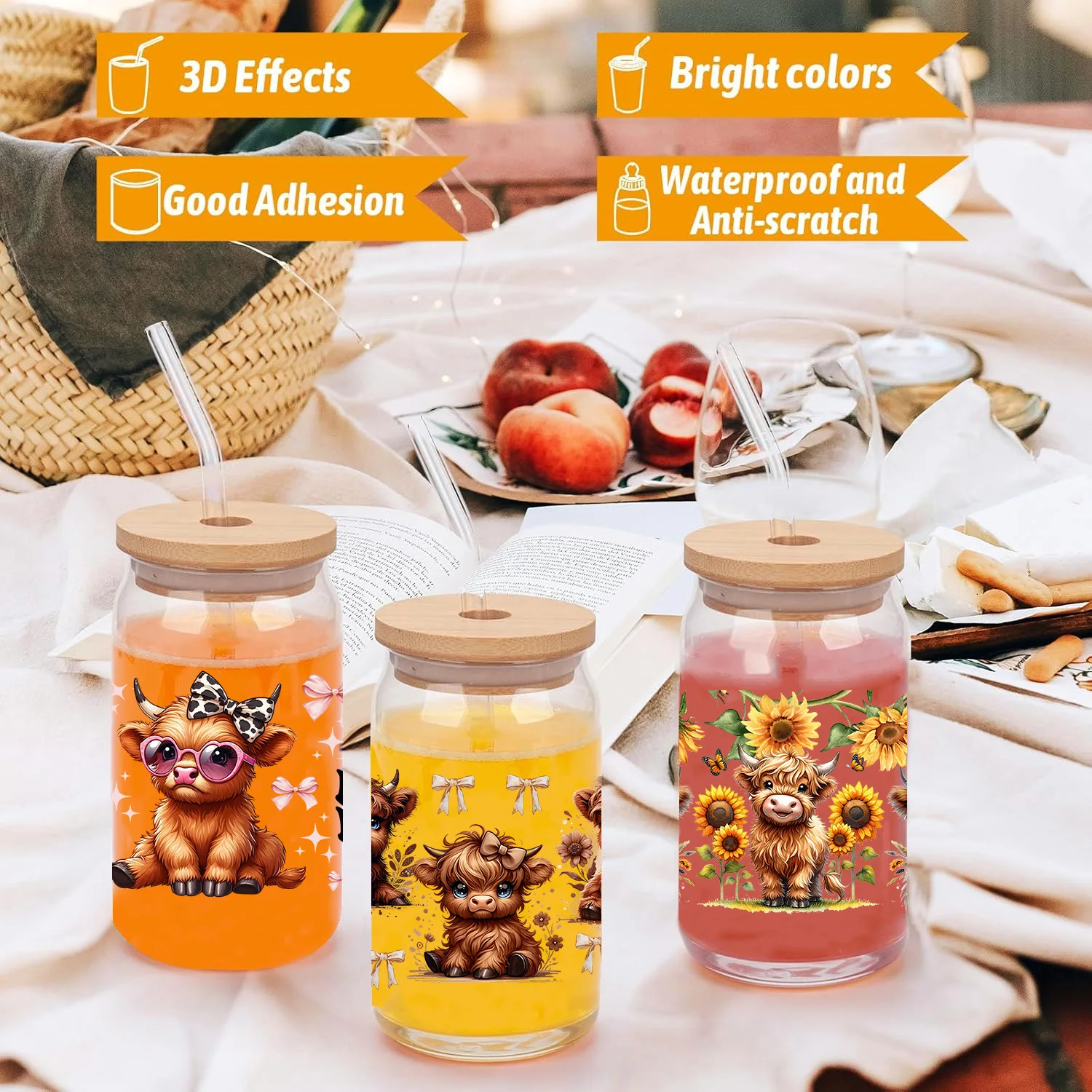 Cute cow series easy peel waterproof DIY Decals Retro Beauty 3D transfers uvdtf crystal sticker 16oz uv dtf cup wraps