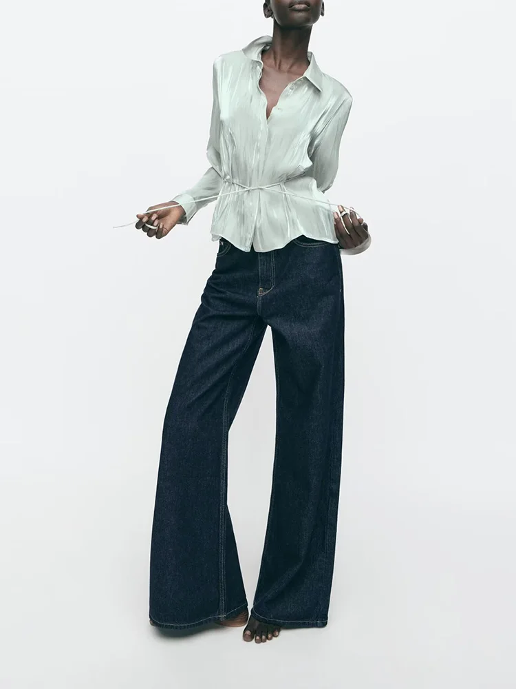 Csa Fena de Manga Longa Nova Coleção Primavera ZA2025 com Efeito Fla, Cintura Ajustável com Cordão, Estilo Casual, C...