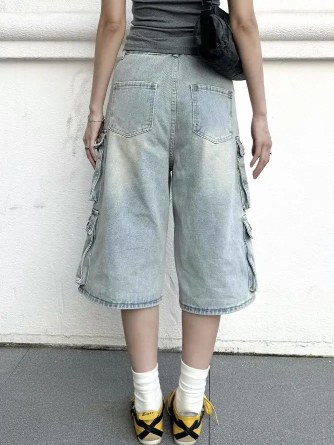 Women's Multi-pocket High Waist Loose Wide Legs Seven-point Retro Wash Straight Work Jeans