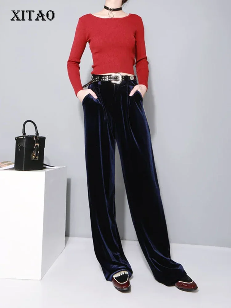 

XITAO Fashion Women Full Length Wide-leg Loose Form Mid Waist Solid Color Casual Style Spring New Velvet Pants SSB-056