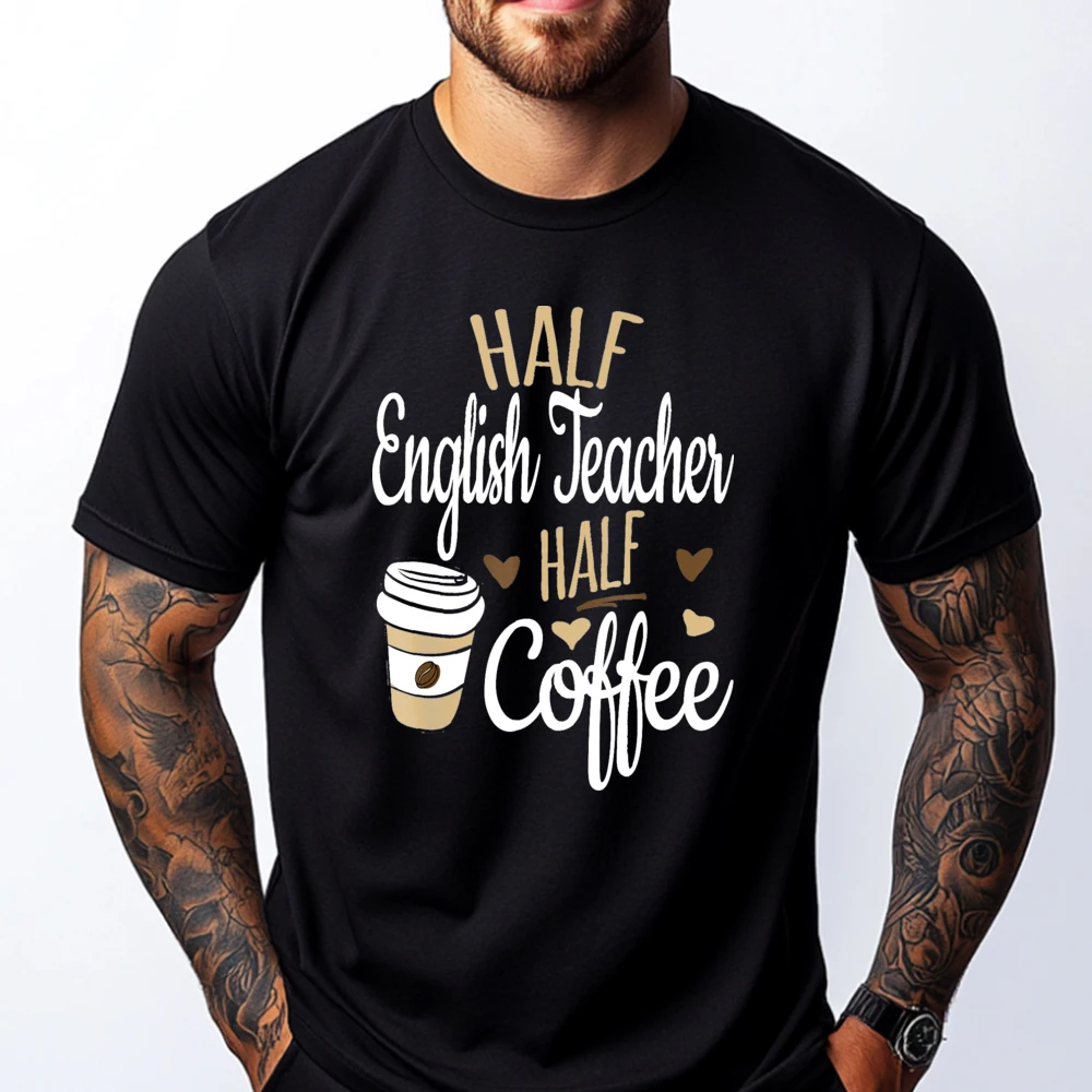 

Half Coffee Half English Teacher Gift English Teacher Red And Black Graphic T Shirt Men's T-Shirts Camisetas Hombre