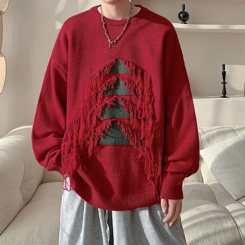 American Casual Retro Sweater Christmas Tree Round Neck Casual Loose Top