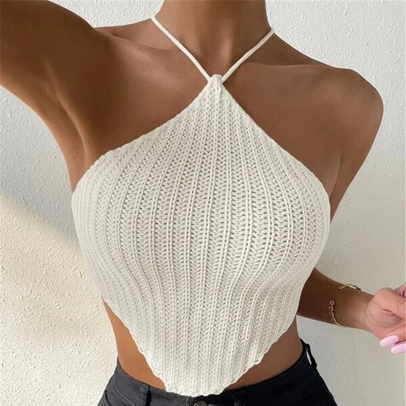 Women Sexy Backless Lace Up Halter Knitted Tank Top Female Clothes Temperament Summer Women\'s New Fashion Bandeau Sweater