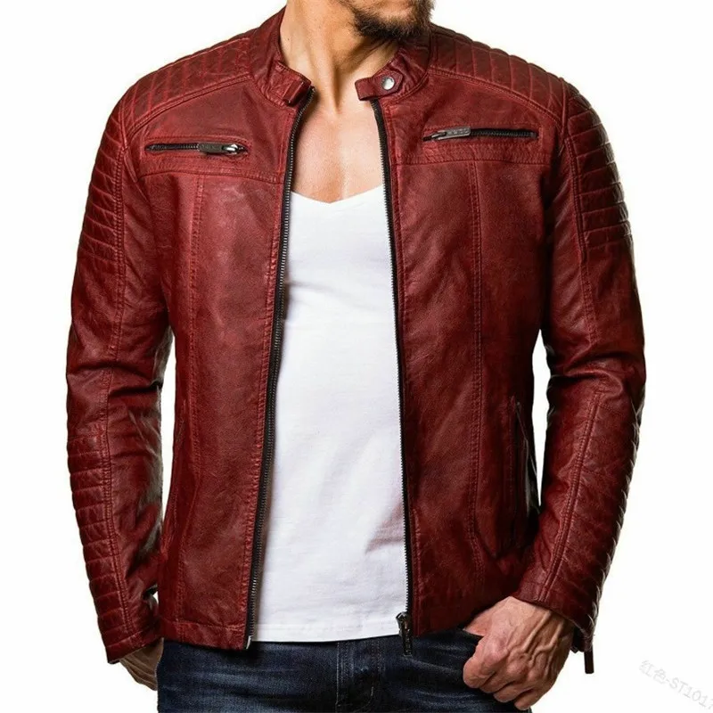 Men's Fashionable Leather Jacket European American Cotton Windproof Motorcycle Jacket PU Leather Stand Up Collar Zipper Clothing