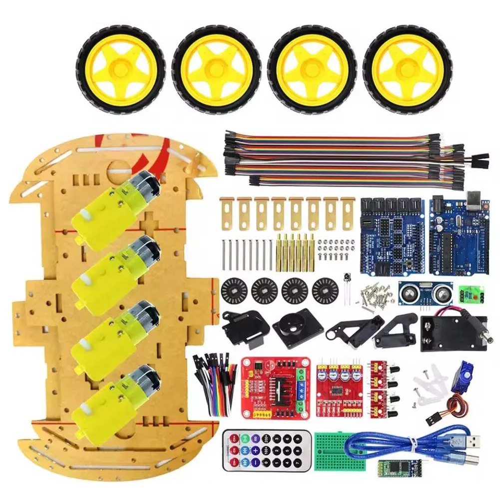 For STEM Robotics Kit For 4WD DIY Assembly with Infrared Obstacle Avoidance Line Tracking Encoder R3 Mainboard Support