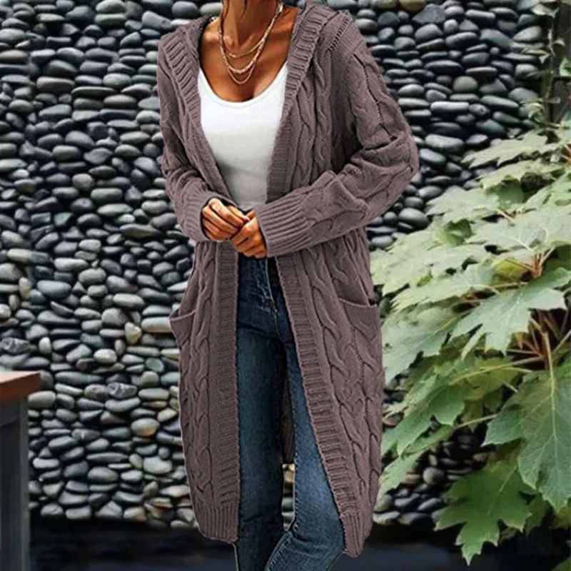 Outono inverno feminino cardigan longo camisola casacos com bolsos de malha frente aberta com capuz camisola cardigans cabo malha suéteres