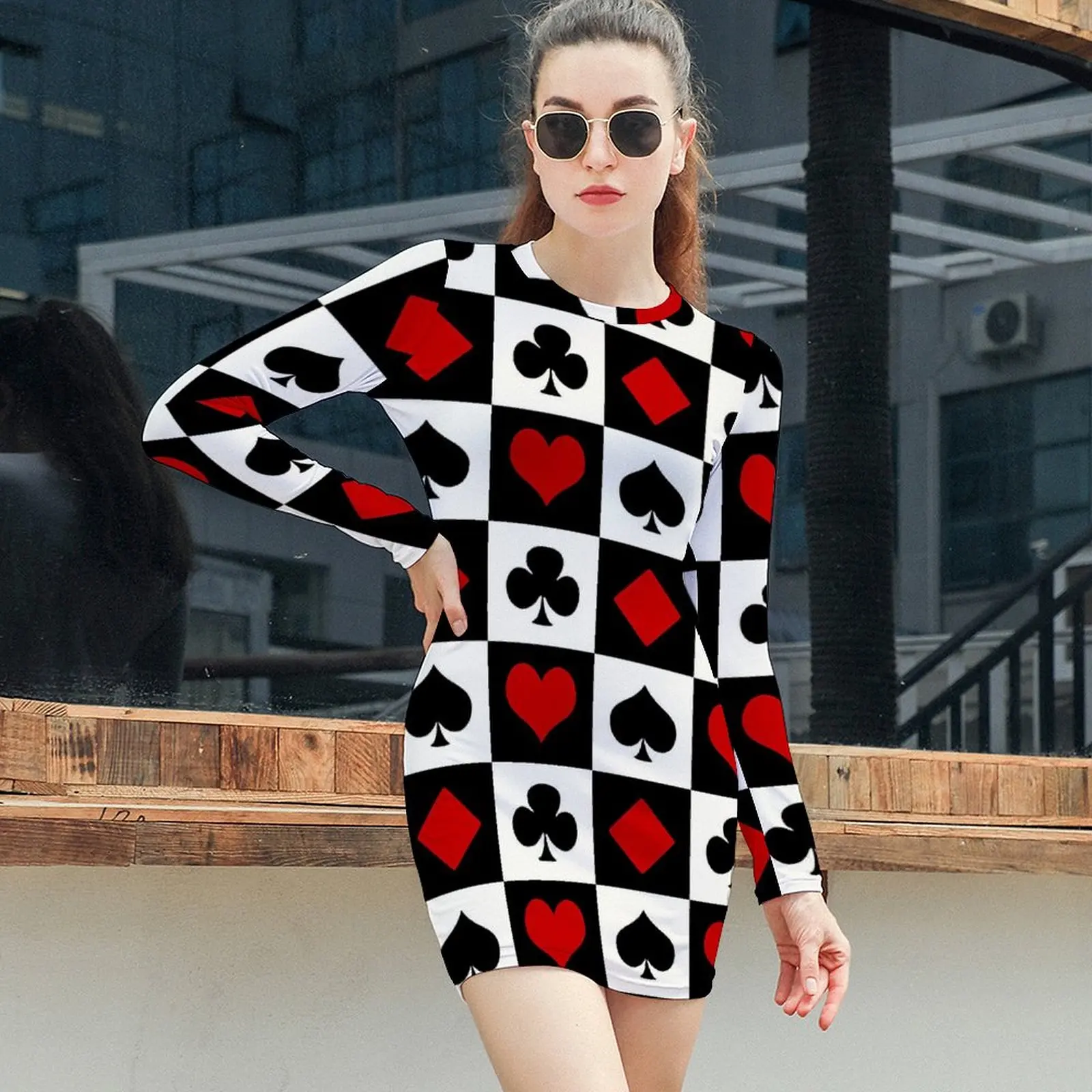 Playing Cards Dress Long Sleeve Check Print Street Fashion Dresses Spring Modern Bodycon Dress Woman Pattern Big Size Clothes