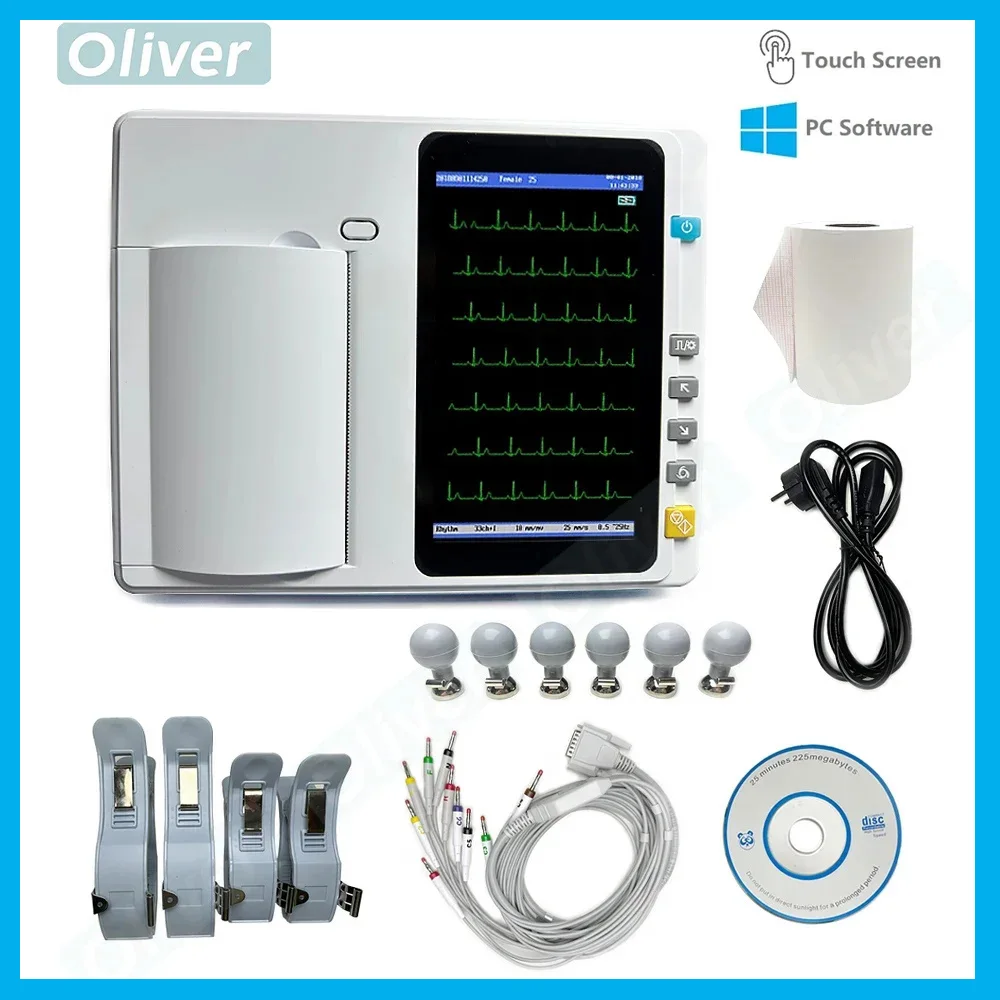 Máquina de ECG/EKG de 3/6 canales, 12 derivaciones, electrocardiógrafo diogital, pantalla táctil de 7 pulgadas opcional para software windows ECG300/600