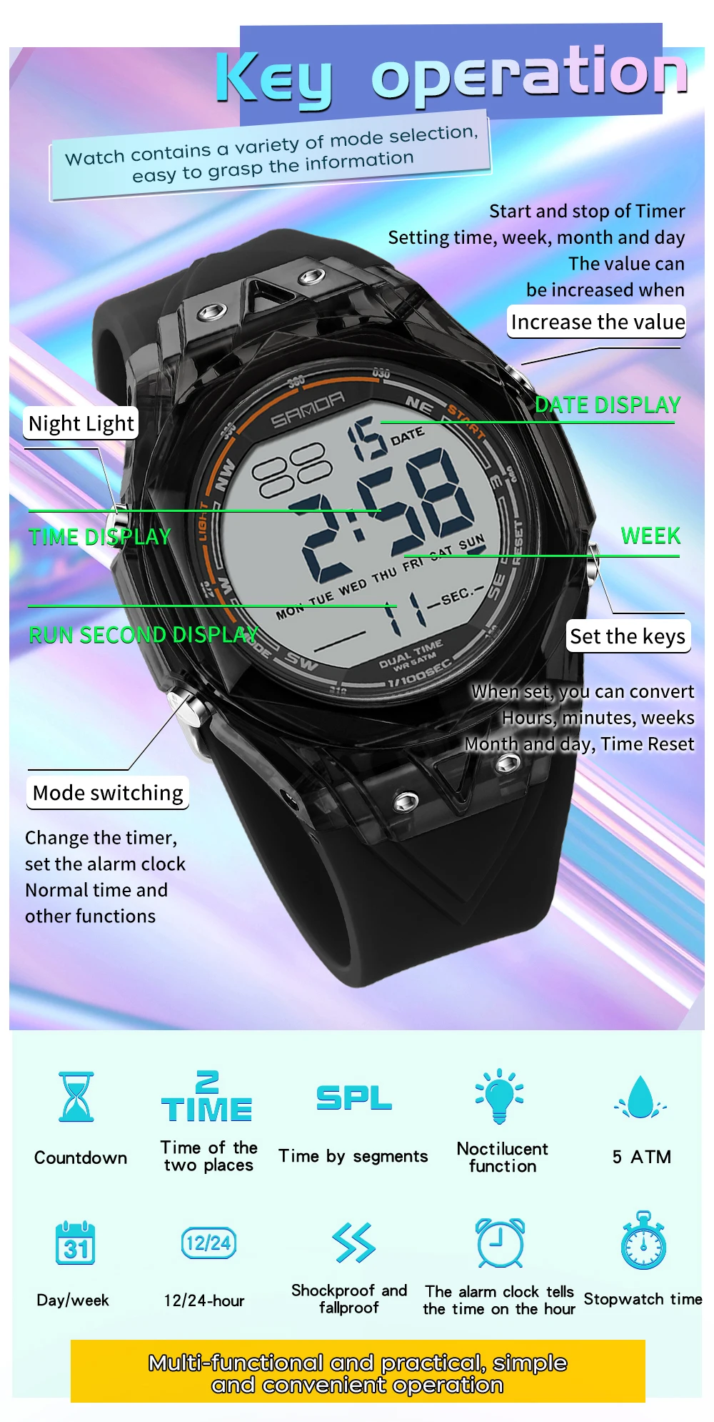 SANDA 6289 Orologio elettronico per studenti di moda Orologio sportivo multifunzionale con sveglia a LED impermeabile Orologio digitale con timer da uomo