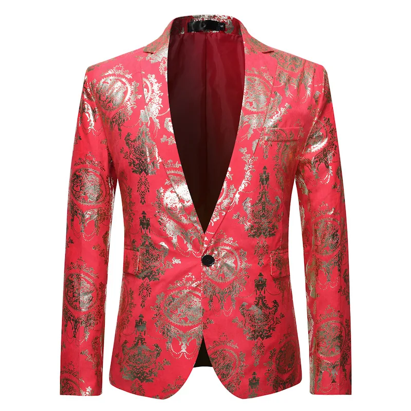 Red Floral Bronzing Print Blazer Men 2024 Brand Single Button Tuxedo Blazer Jacket Men Party Wedding Prom Stage Costume Homme