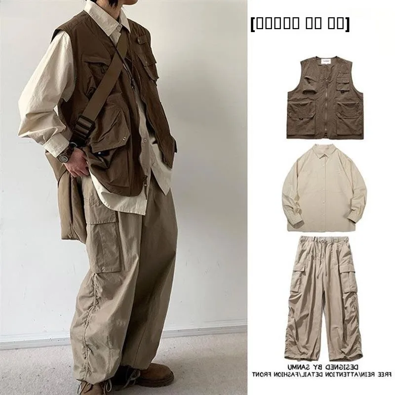 

Loose Tactical Cam Vest Set for Men Tee Piece Set Long Sve Special Wide Men's Workwear Ameika Sle Jaet