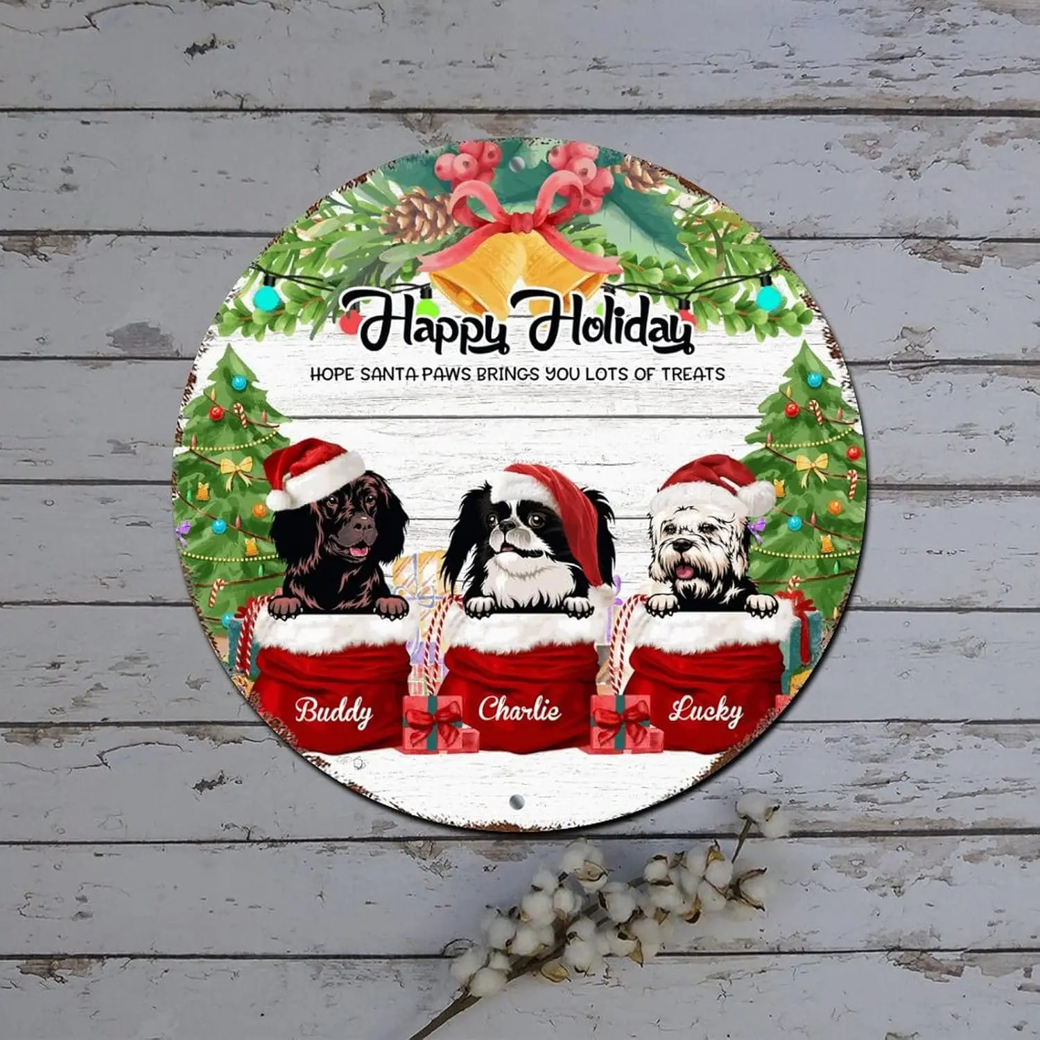 Christmas Wreath Signs Custom Dog Name Happy Holidays Wood Grain Round Metal Tin Sign Christmas Hanging Decor Shabby Metal Sign