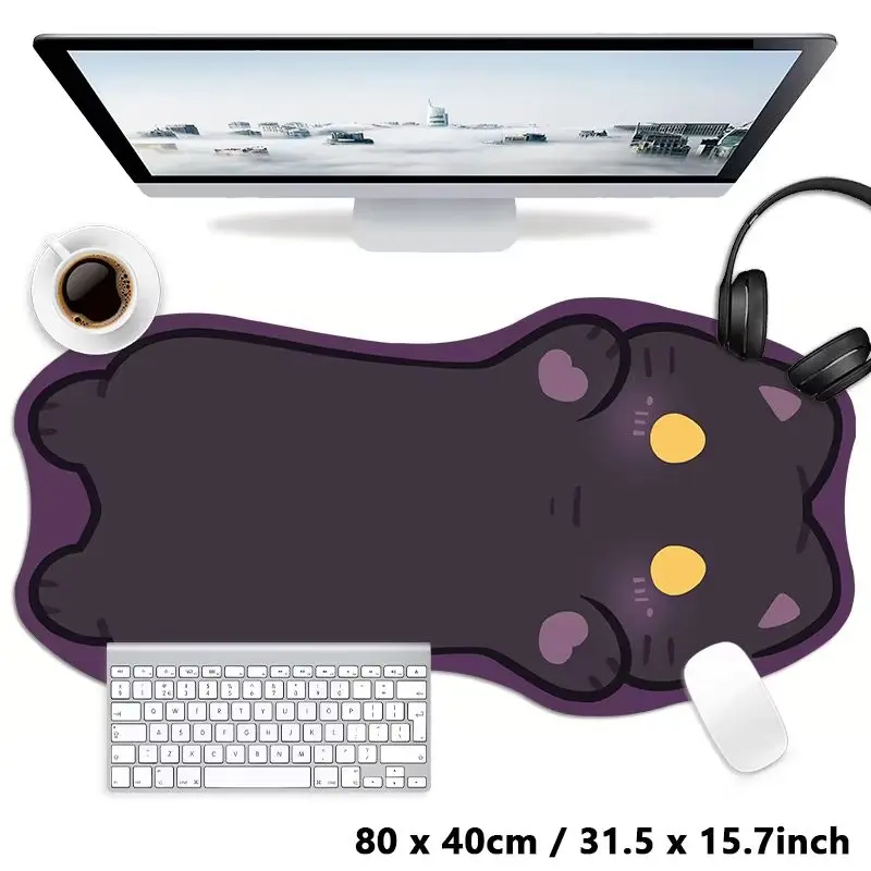 VIKAMA Cute Cartoon Black Cat Shaped Mousepad Purple Border Irregular Waterproof Anti Slip Oversized Computer Desk Mat
