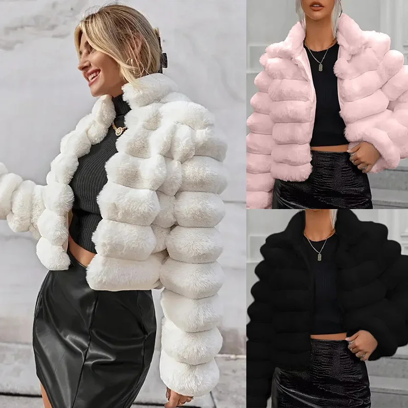 Female Faux Fur Solid Spliced Cardigan Collar Fashion Slim Fur Faux Fur Outerwear Long Sleeve Open Stitch Basics Jackets