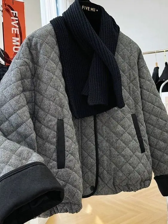 

Корейская женская короткая куртка свободного кроя, утепленная, с ромбовидным узором, зимняя верхняя одежда для повседневной носки и поездок на работу