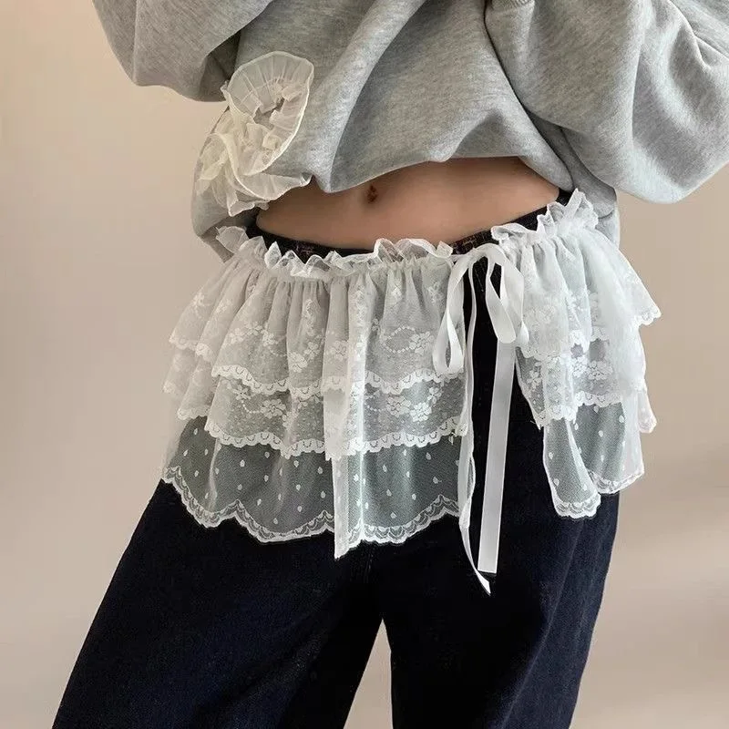 

Однотонная бежевая сетчатая кружевная юбка Harajuku Y2k Корейская многослойная юбка для девочек Шикарный фартук Юбка с запахом на шнуровке Одинаковые брюки Уличная одежда