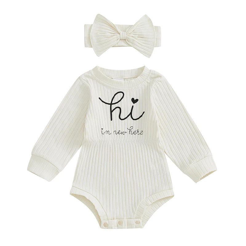 Baby Girls Long Sleeve Romper Letter Print Round Neck Ribbed Jumpsuits Headband Adorable Fall Outfits