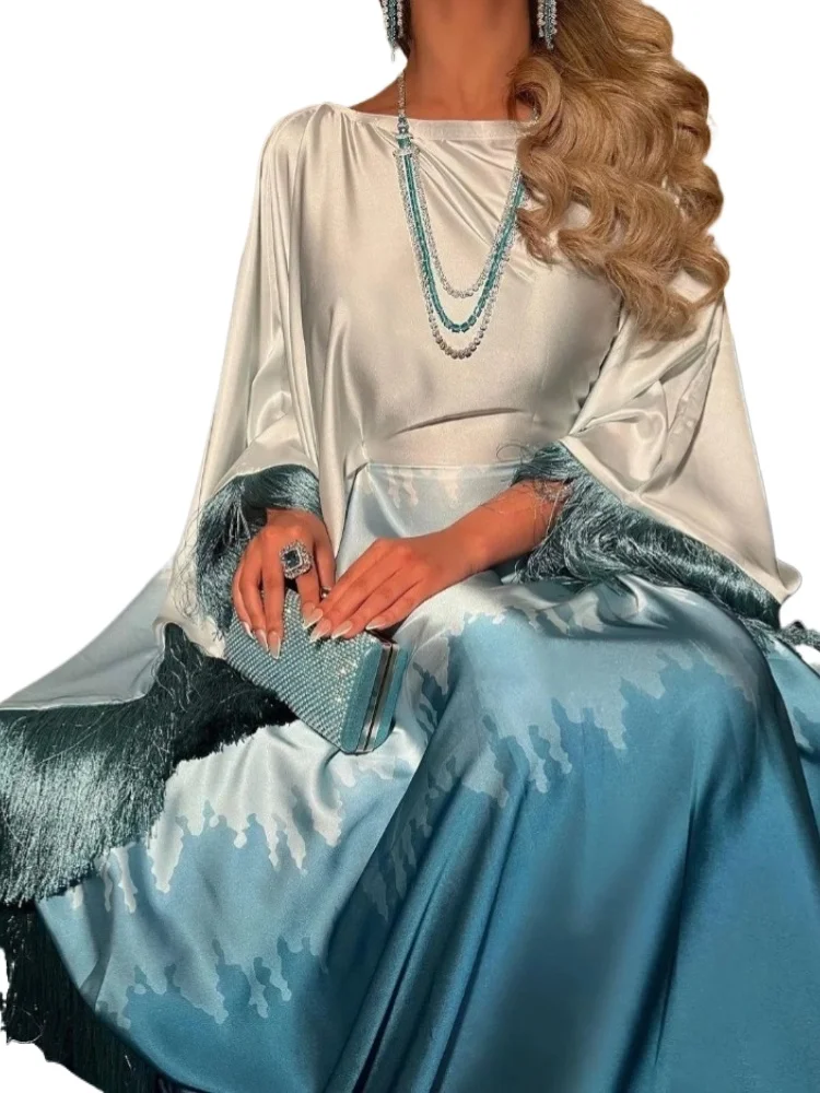 

Modest Muslim Batwing Sleeve Gradient Color Tassel Kaftan Eid Al Adha Party Evening Dresses Moroccan Turkey Dubai Abaya Islam