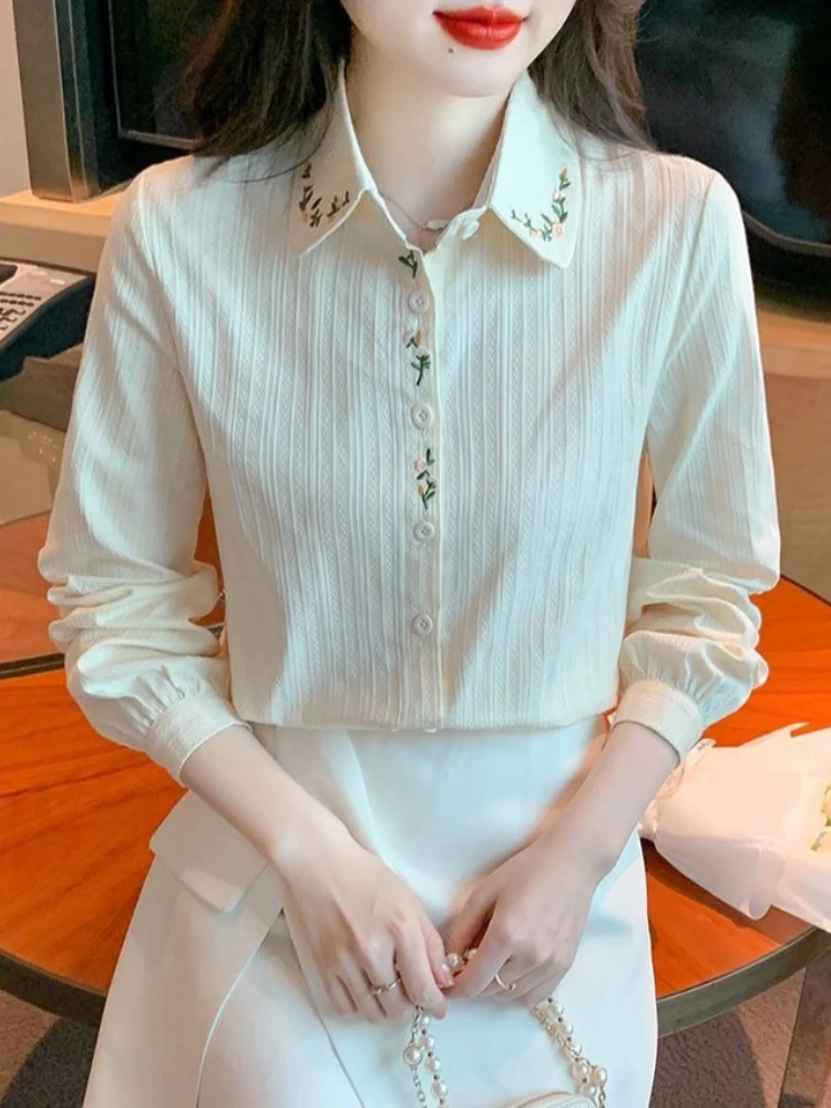 

2026 Spring Single Breasted Women's Top Embroidered Cotton Shirt Korean Style Long Sleeve Versatile Elegant Blouse