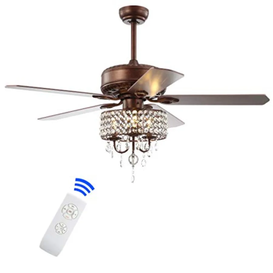 

52 Oil Rubbed Bronze 3-Light Iron and Crystal Chandelier Ceiling Fan, Reversible Blades with Remote Control, Glam Style Drum Sh