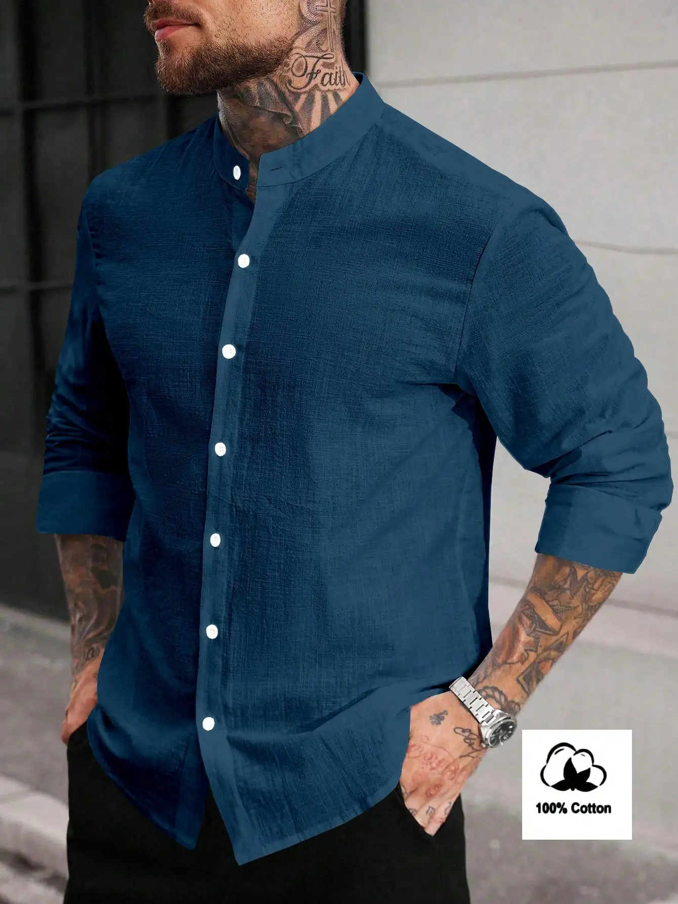 

Мужская однотонная хлопковая рубашка с воротником-стойкой и длинным рукавом, темно-синяя повседневная рубашка для весны и осени