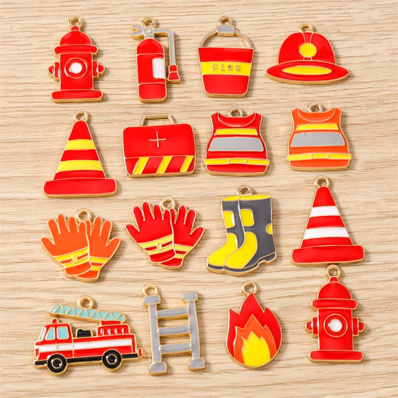 10 Stück Mix Emaille Feuer Thema Feuerwehr Werkzeuge Charms Anhänger für Schmuckherstellung Tropfen Ohrringe Halsketten DIY Handwerk Zubehör – Detail 2