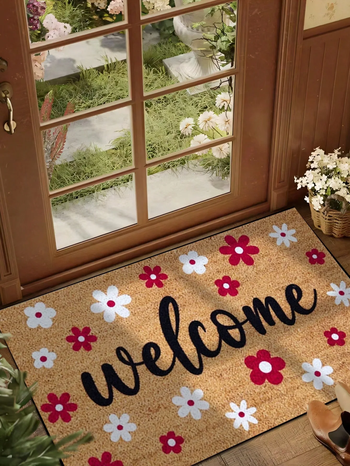 Welcome Area Rug Non-Slip Washable Carpet Floor Mat Doormat Retro Floral Welcome Pattern for Front Door Entryway Spring Decor