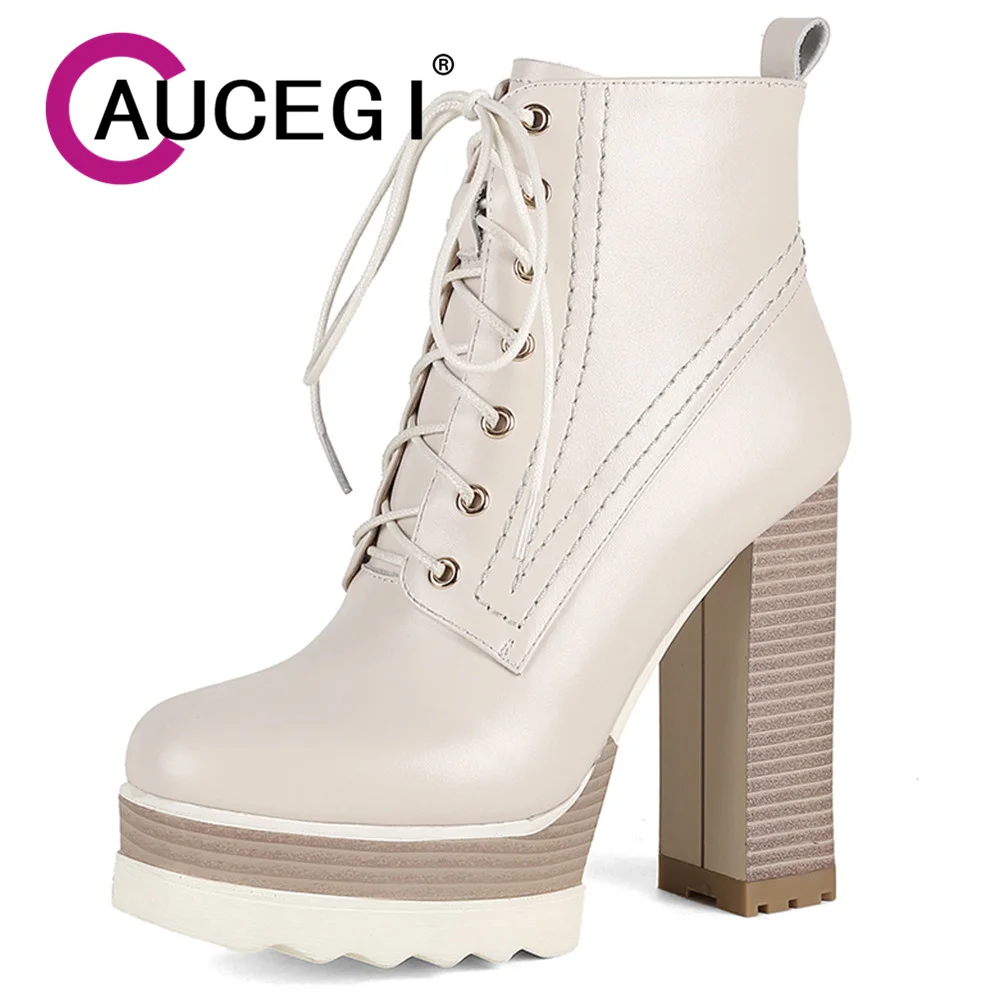 

Aucegi Auntum New Women Ankle Boots Female Platform Chunky High Heel Lace-up Fashion Desigh Cozy Round Toe Zip Versatile Shoes