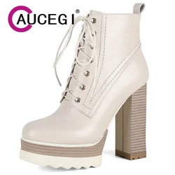 Aucegi Auntum New Women Ankle Boots Female Platform Chunky High Heel Lace-up Fashion Desigh Cozy Round Toe Zip Versatile Shoes