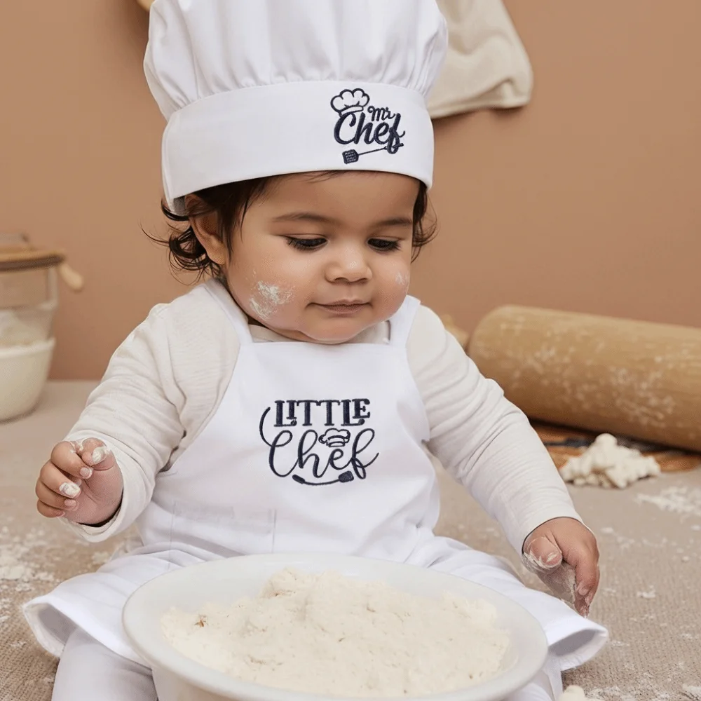 

Комплект из 2 предметов: Мягкая одежда для фотосессии новорожденных, милый вышитый набор реквизита для фотосъемки младенцев, полиэстеровые фартуки и шапочки шеф-повара