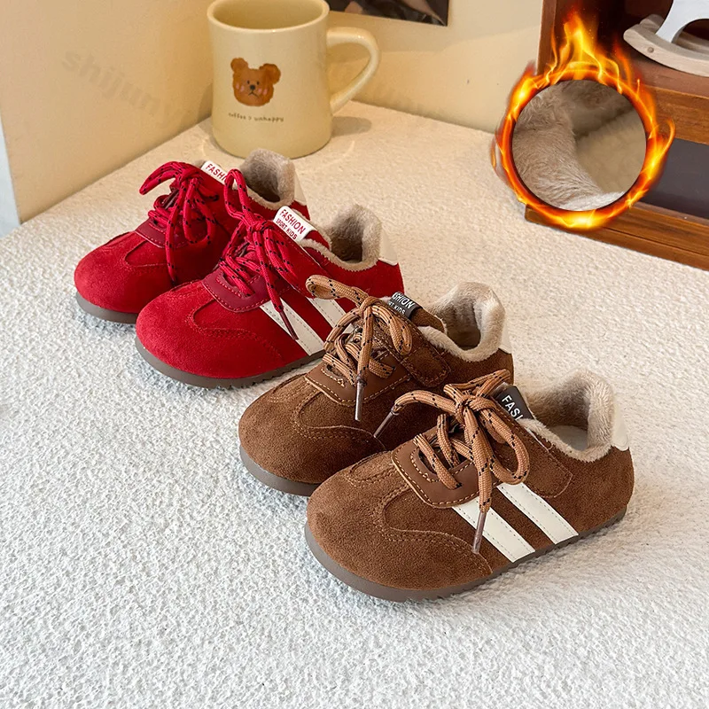 Children's Sneakers 2025 Autumn Winter Warm Plush Retro Fashion Outdoor Casual Shoes Girl Boys Toddler Comfortable Sports Shoes