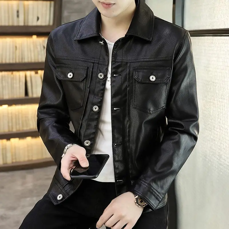 Men Winter Leather Jacket with Fleece Thickening Autumn Winter Men's Pu Leather Jacket Slim High-end Simple and Cool Men's Coat