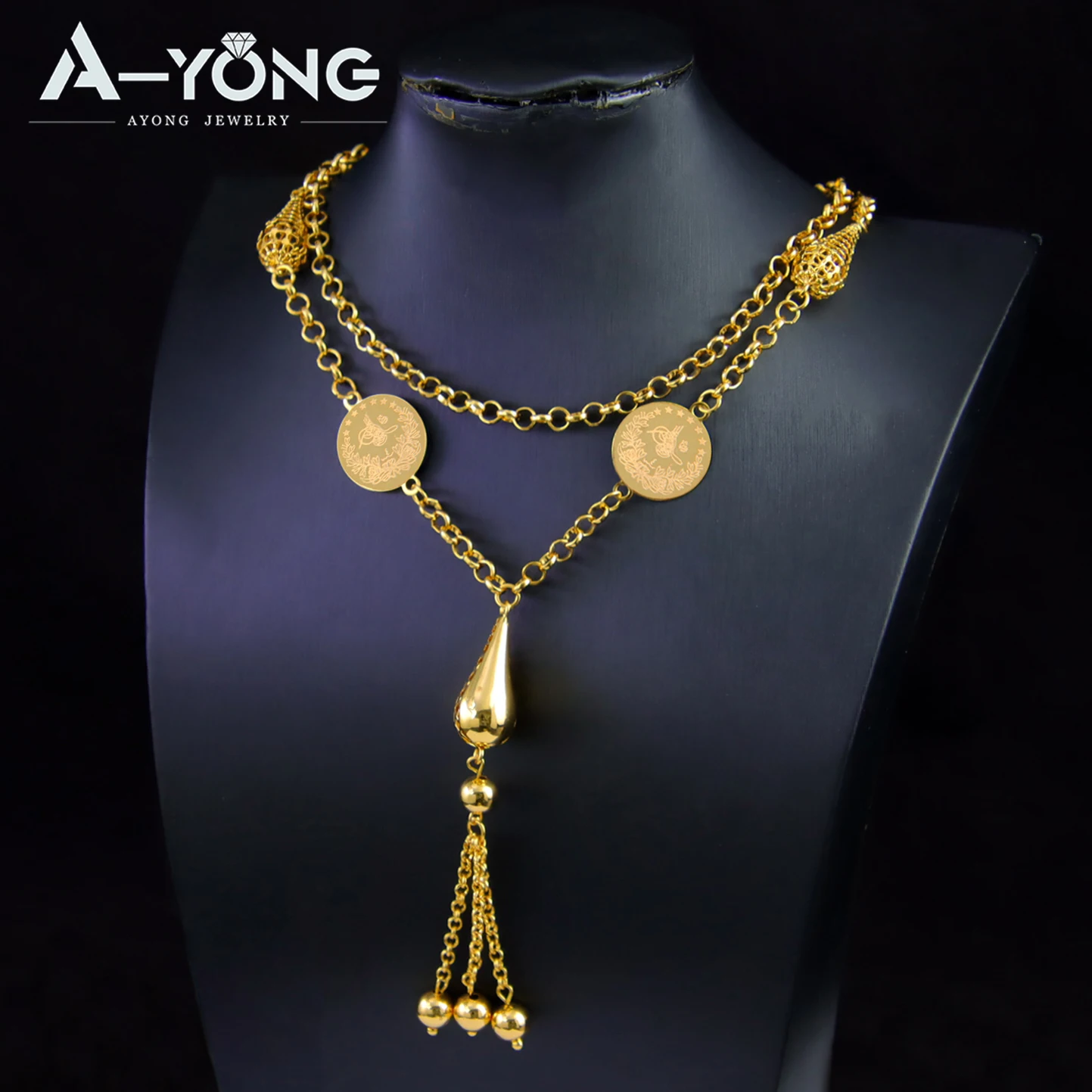 Women Vintage Gold Color Long Necklace 21k Gold Plated Arab Coins Pendant Chain Islamic Bridal Wedding Party Jewelry Gifts