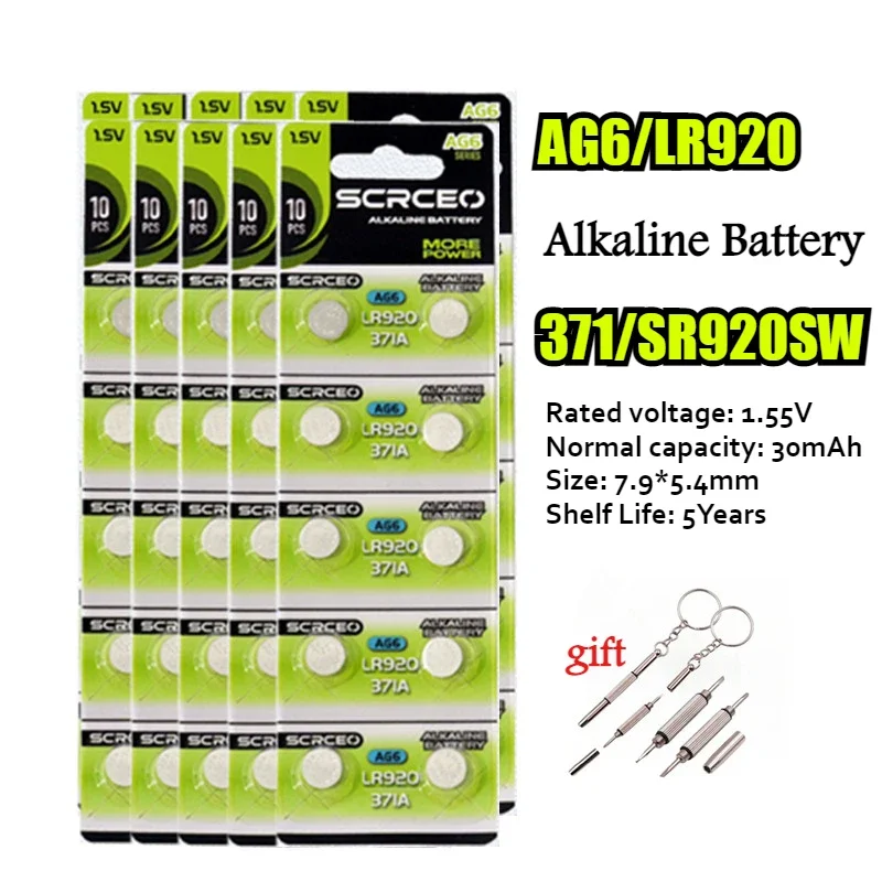 10-100Pcs AG6 Alkaline Battery 1.55V Button Coin Cell 371 SR920SW LR920 SR927 171 370 L921 LR69 SR920 Watch Battery
