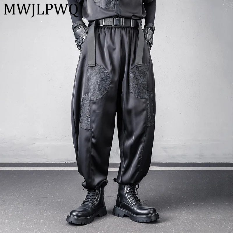 

Мужские летние тонкие брюки-палаццо из атласа в уличном стиле MWJLPWQ с вышивкой, модные, свободного кроя, 14420