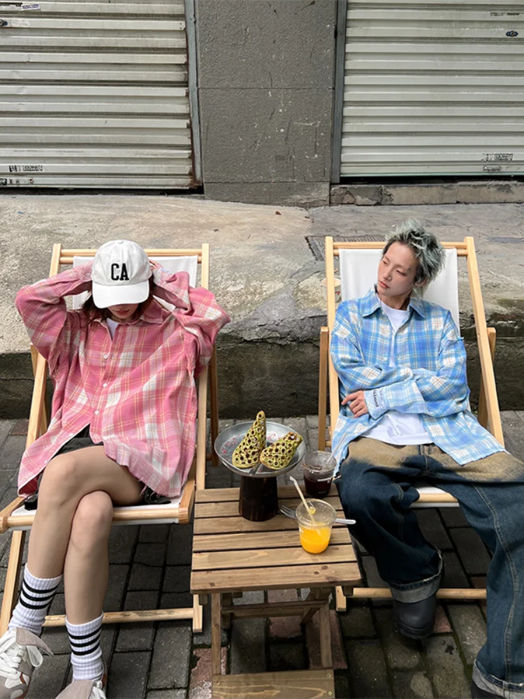 

Plaid Long Sve irt Men's Sli American Retro Couple Outerwear Spring Season Cheered Pattern Button up Casual irt