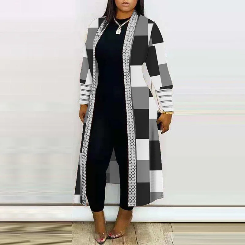 Plus Size Geometric Print Open Front Longline Coat, Check Printing Design, Casual, Long Coat , New Autumn Winter 2023